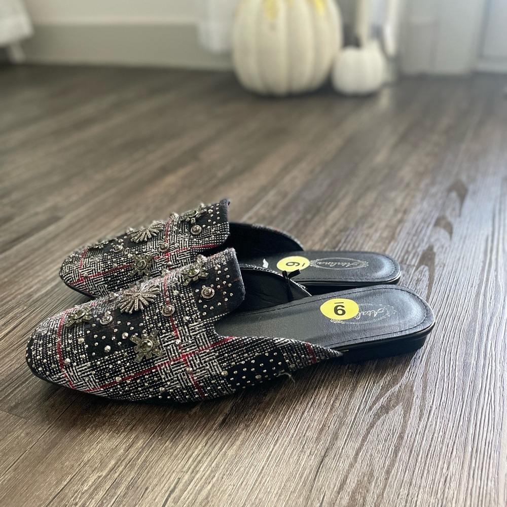 Embellished Gray Mules Loafers Size 9